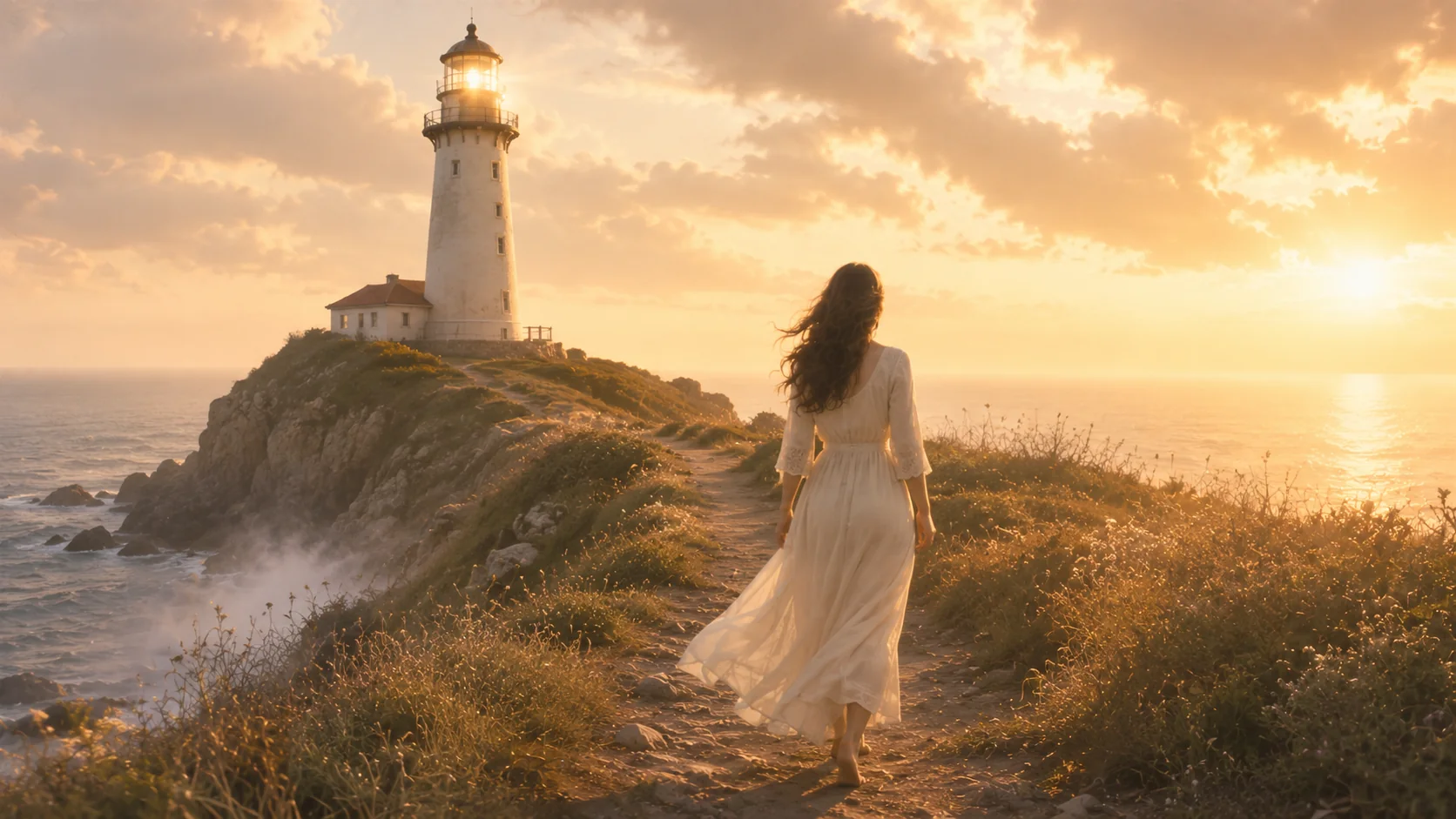 Mujer caminando hacia un faro al atardecer